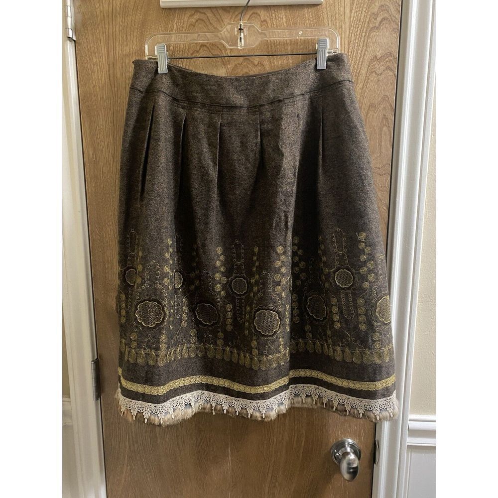 Peter Nygard Wool Embroidered Brocade Textured Skirt Removable Fur Trim Size 10 - Picture 8 of 16